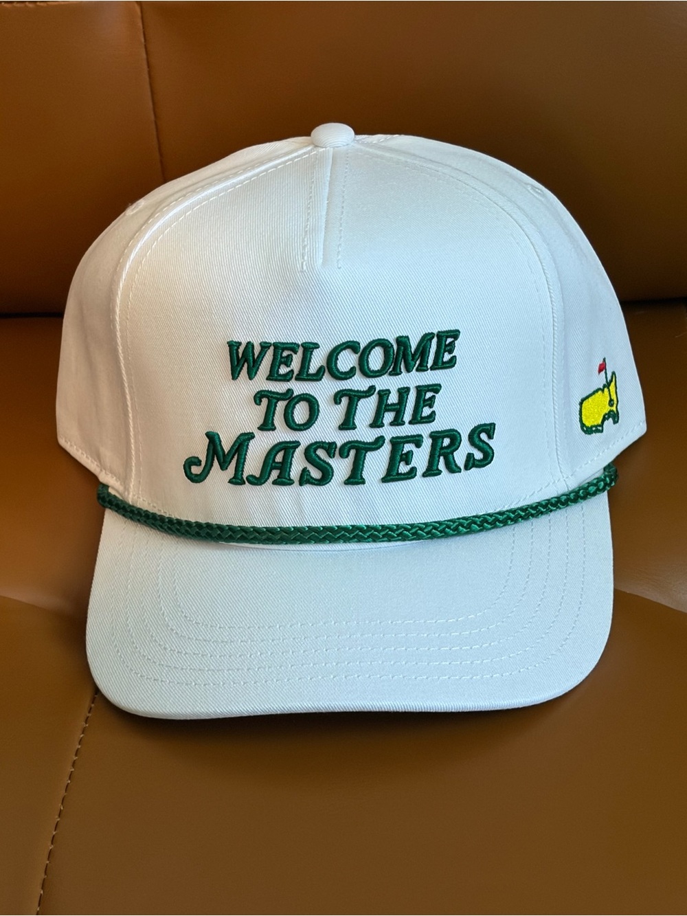 Masters White Hat with Green Embroidery and Yellow Logo